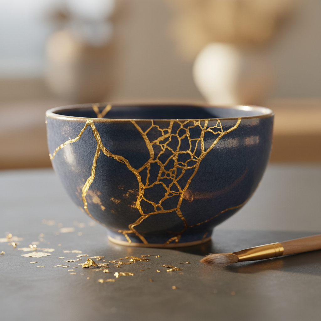 A broken ceramic bowl, carefully repaired with shimmering gold seams in the style of kintsugi, sits on a matte charcoal tabletop. The cracks form an intricate web that is clearly visible, transforming damage into a pattern of strength. Around the bowl are scattered, unused gold leaf flakes and a small soft-bristle brush, hinting at an ongoing restoration process. Warm, late-afternoon light from the side casts subtle highlights along the golden lines and soft shadows beneath the bowl. Shot in photographic realism from a slightly elevated angle, with a minimalist background fading into bokeh, the mood feels hopeful, resilient, and quietly powerful, symbolizing healing after abuse.