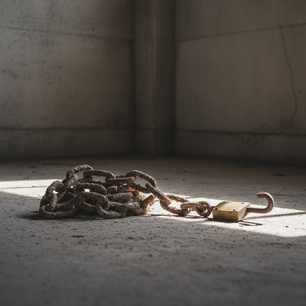 A pair of heavy, rusted iron chains lies coiled on a rough concrete floor, with a single open padlock resting beside them, its shackle wide and clearly unlocked. One end of the chain extends toward a patch of sunlight on the floor, where it abruptly stops, emphasizing release. The environment is an empty, dimly lit room with textured walls, illuminated by a sharp beam of natural light from a high, unseen window, creating dramatic contrast and long shadows. Photographic realism, low-angle composition with strong depth, the chains in crisp focus while the far wall fades softly, establishing a mood of breaking free from controlling patterns and oppressive behaviors.