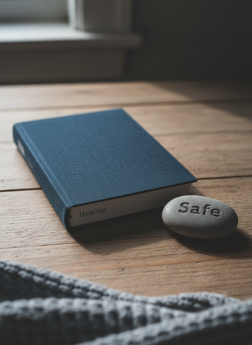 A sturdy, closed journal with a textured dark-blue fabric cover rests on a simple wooden desk, its spine labeled “Healing” in small silver letters. Beside it lies a smooth river stone engraved with the word “Safe,” and a soft gray blanket is folded in the background on the edge of the frame. Diffused morning light from an unseen window washes across the surface, creating gentle, elongated shadows and a calm, stable mood. Photographic realism, eye-level composition with the journal slightly off-center using the rule of thirds, shallow depth of field that blurs the background, conveying a sense of privacy, reflection, and grounded emotional recovery.